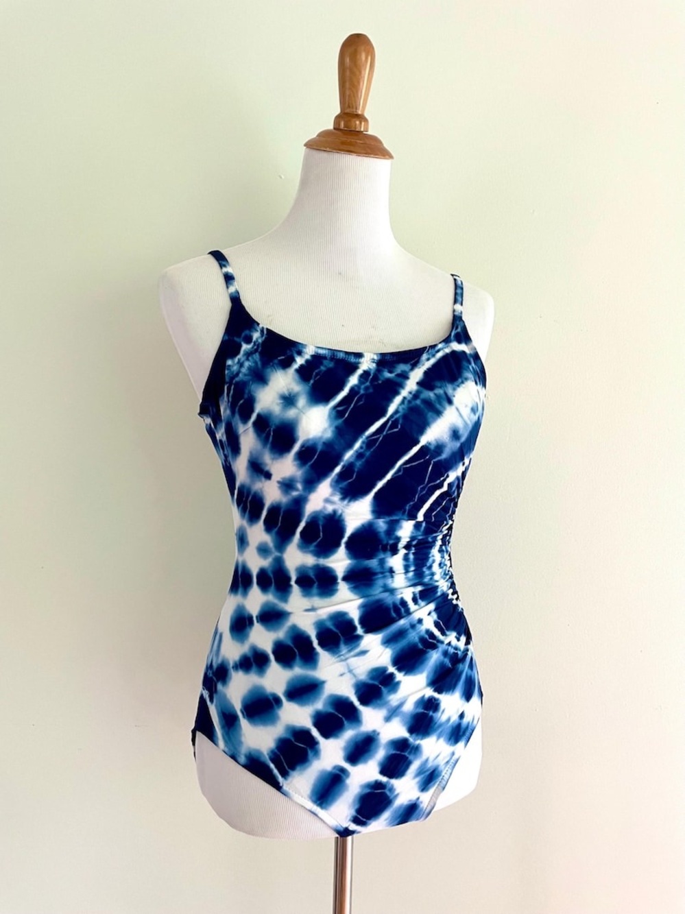 1990 Swim Fair one-piece bathing suit featuring a blue and white tie-dye shibori